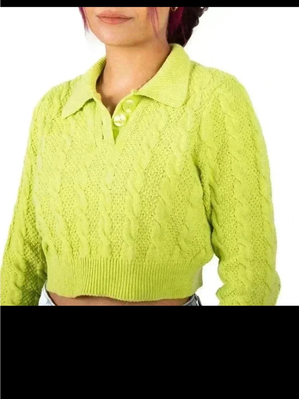 ONLY Lime Green Cable-Knit Cropped Sweater with Collar